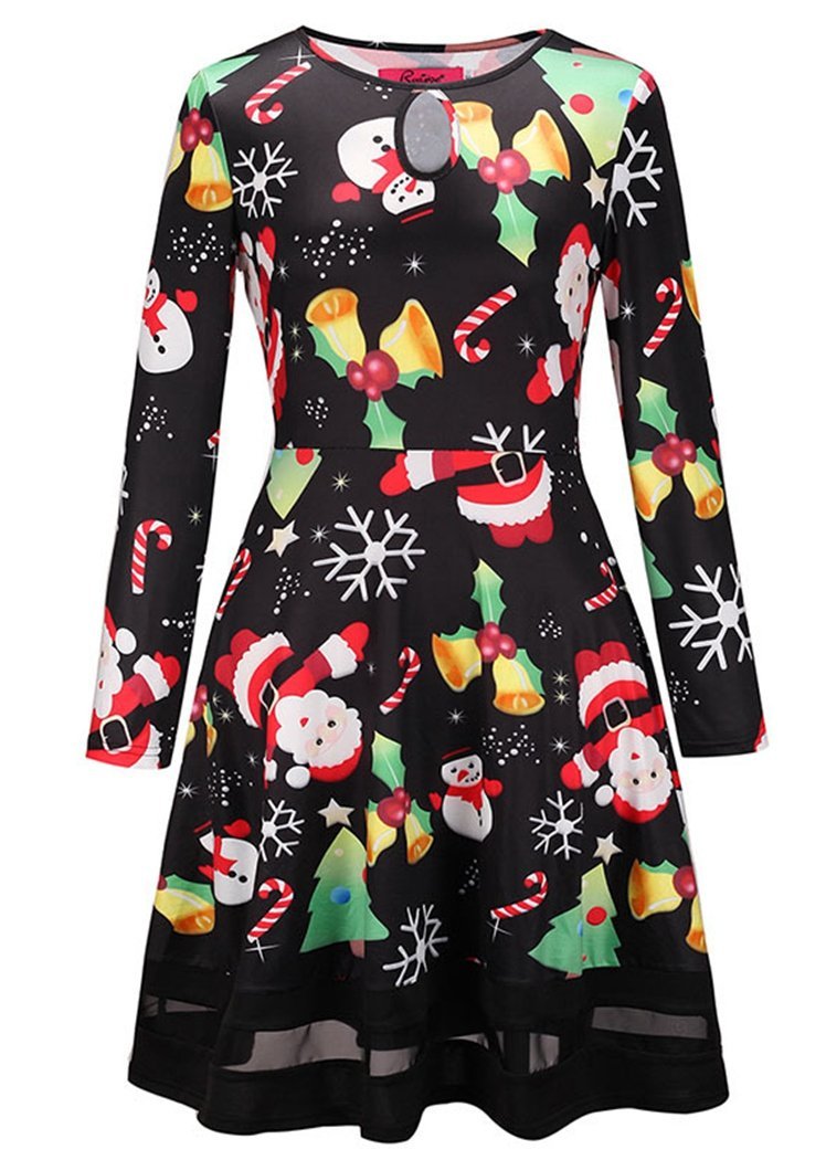 Fashion Christmas Santa Claus Print Hollow Front Long Sleeve Dresses For Women