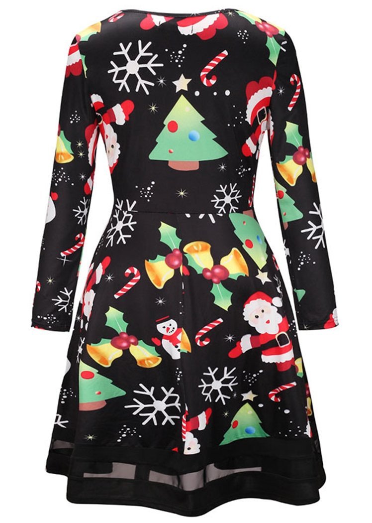 Fashion Christmas Santa Claus Print Hollow Front Long Sleeve Dresses For Women