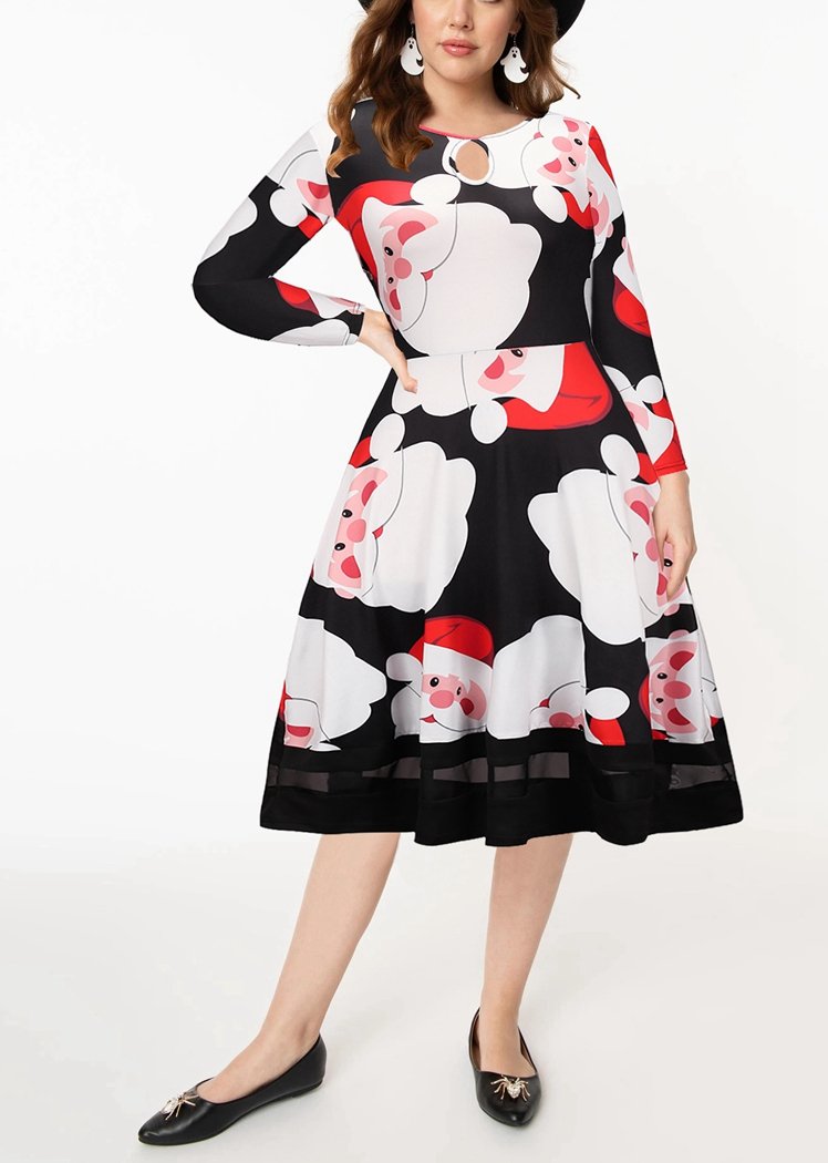 Fashion Womens Santa Claus Print Long Sleeve Christmas Dresses
