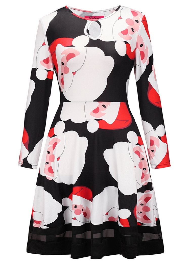 Fashion Womens Santa Claus Print Long Sleeve Christmas Dresses