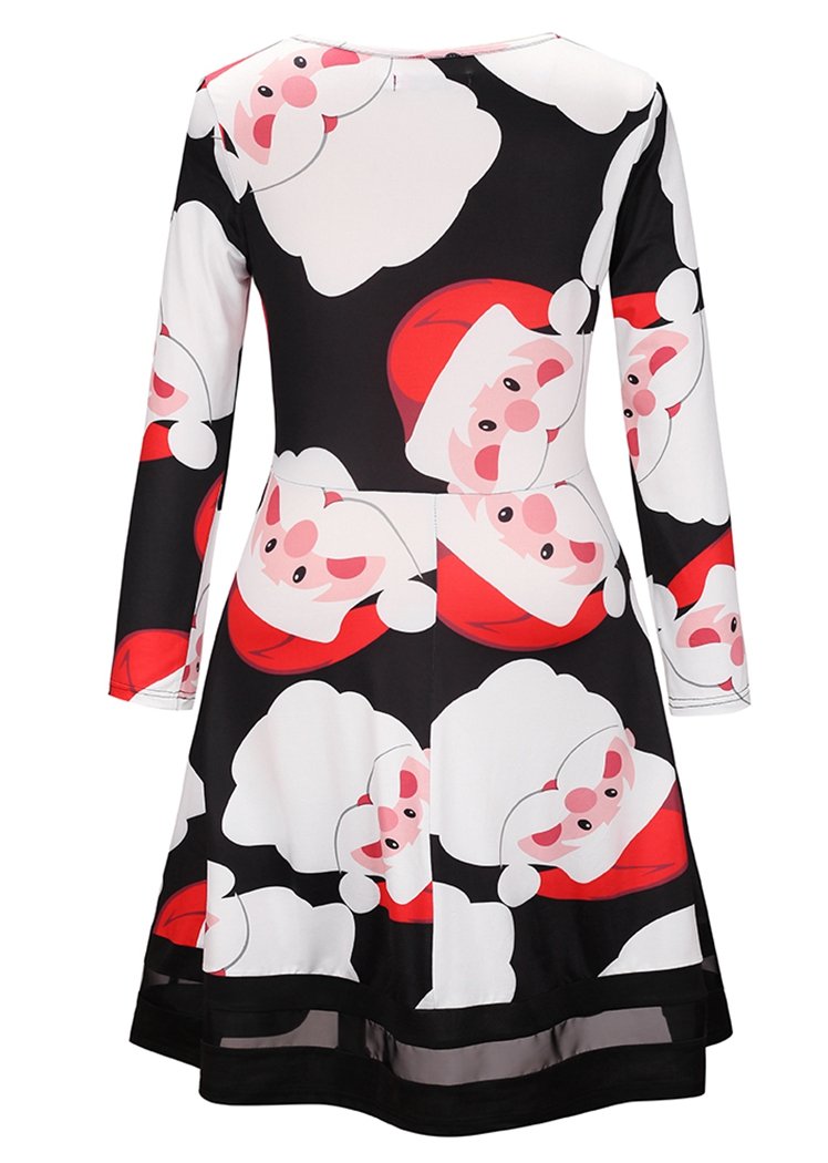 Fashion Womens Santa Claus Print Long Sleeve Christmas Dresses