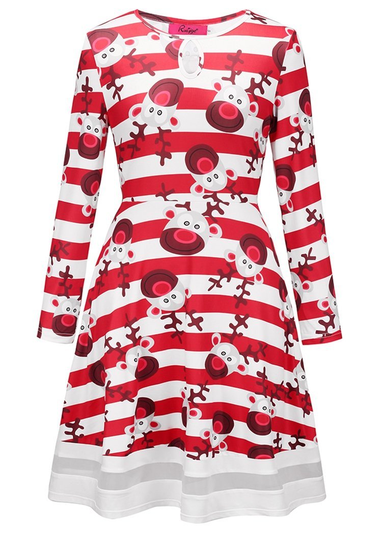 Fashion Women's Cartoon Deer Print Striped Long Sleeve Round Neck Christmas Dresses