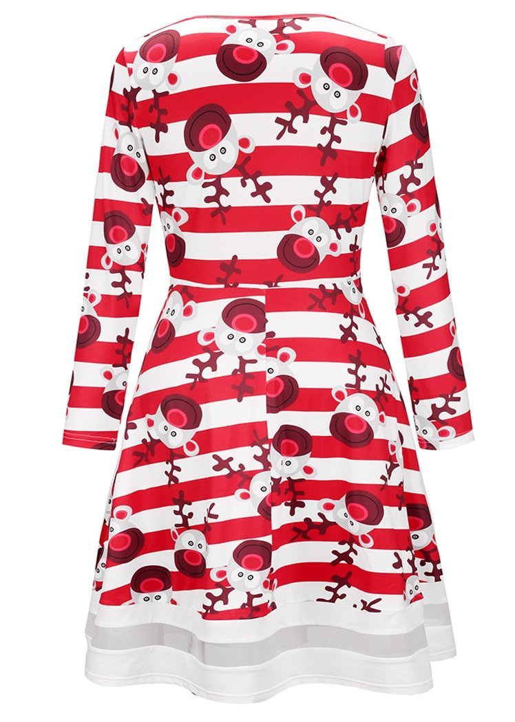 Fashion Women's Cartoon Deer Print Striped Long Sleeve Round Neck Christmas Dresses