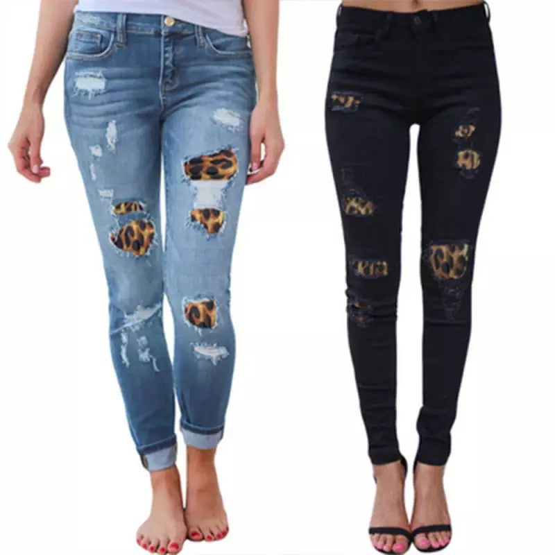 Fashion Women Distressed Stretch Denim Pants Ripped High Rise Skinny