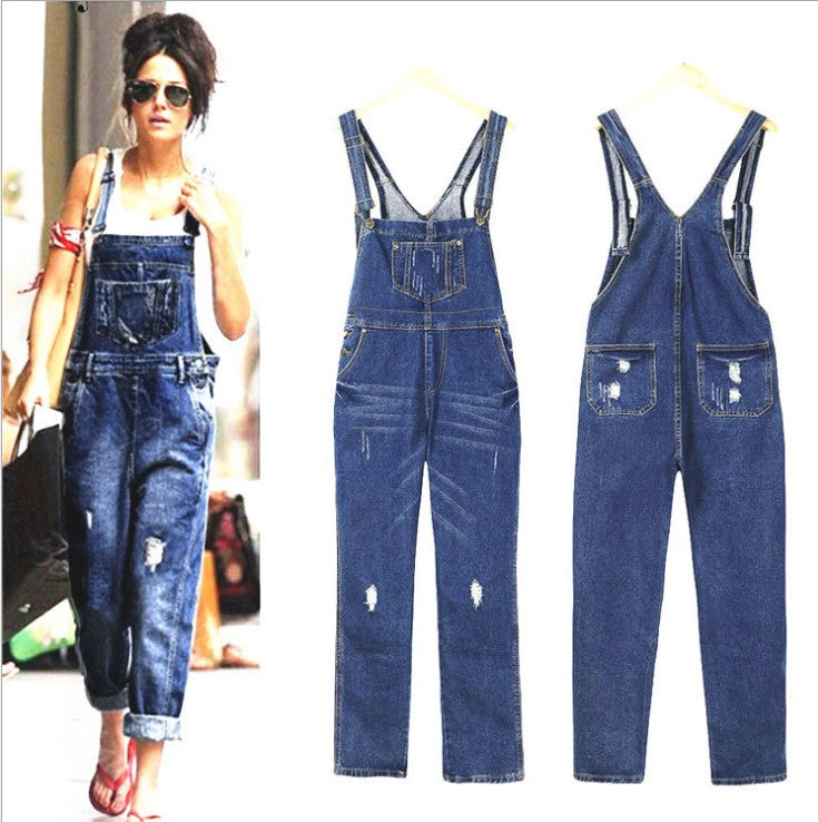 Women Loose Denim Jumpsuit Dungarees Ripped Jeans Straps Overalls Trousers Sleeveless With Baggy Pockets