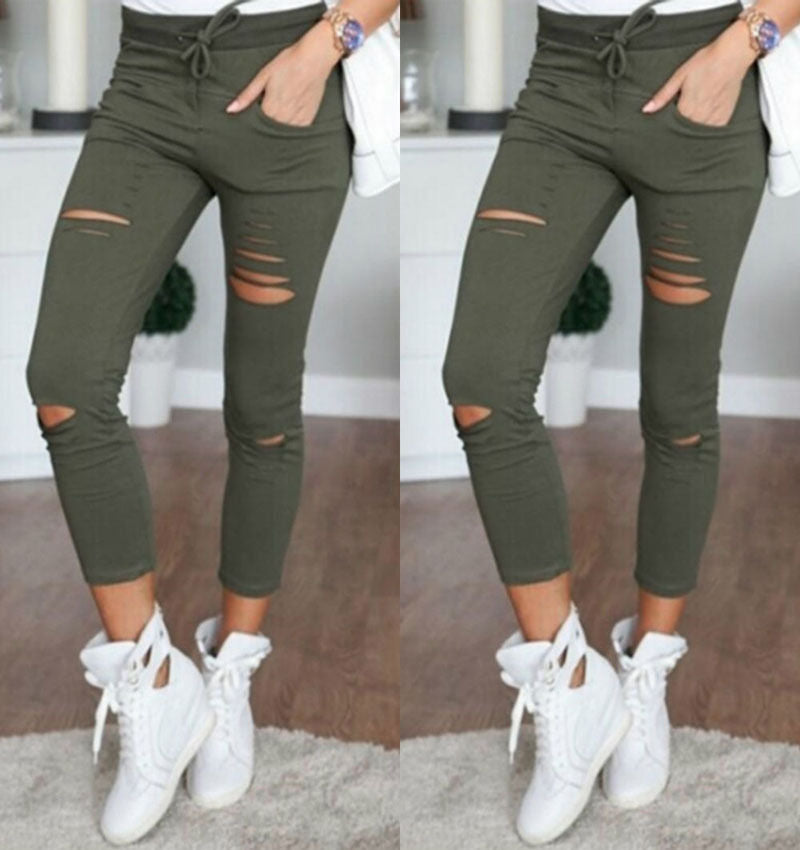 Women Skinny Ripped Pants High Waist Stretch Pencil Pants
