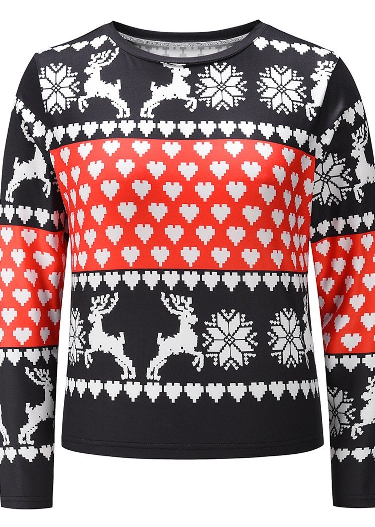 Fashion Heart Print Long Sleeve Round Neck Christmas Tops