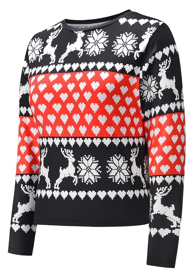 Fashion Heart Print Long Sleeve Round Neck Christmas Tops