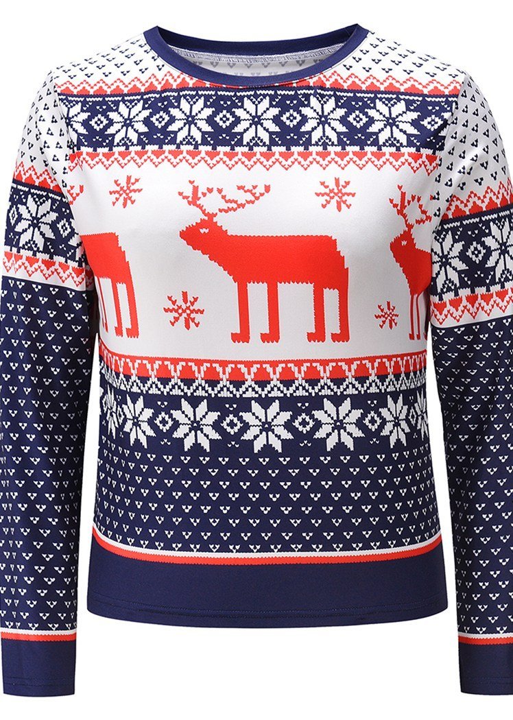 Fashion Christmas Elk Print Long Sleeve Round Neck Christmas Tops