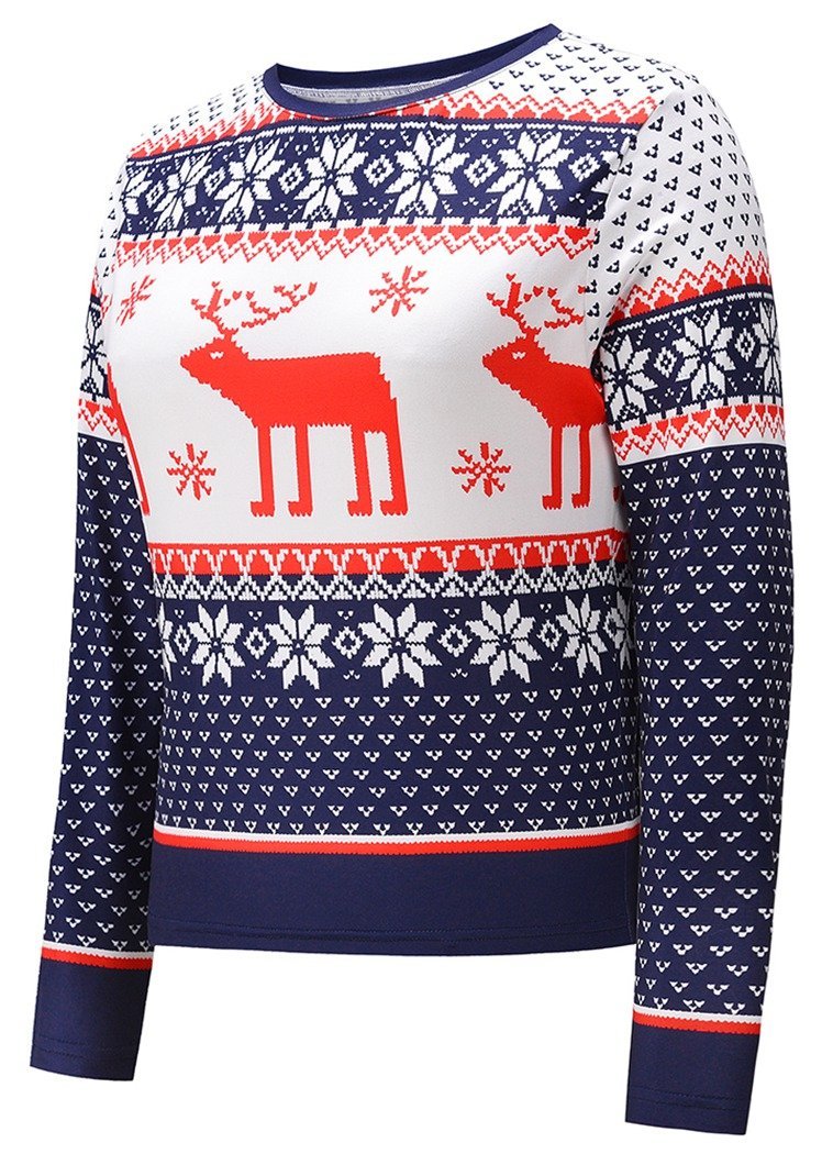 Fashion Christmas Elk Print Long Sleeve Round Neck Christmas Tops