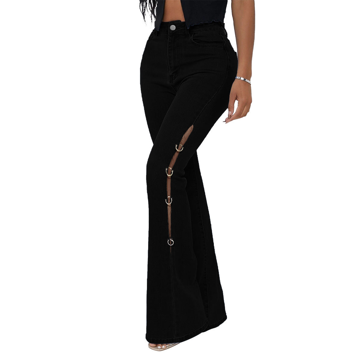 Women's High Waist Vintage Stretch Metal Embellished Denim Flared Pants