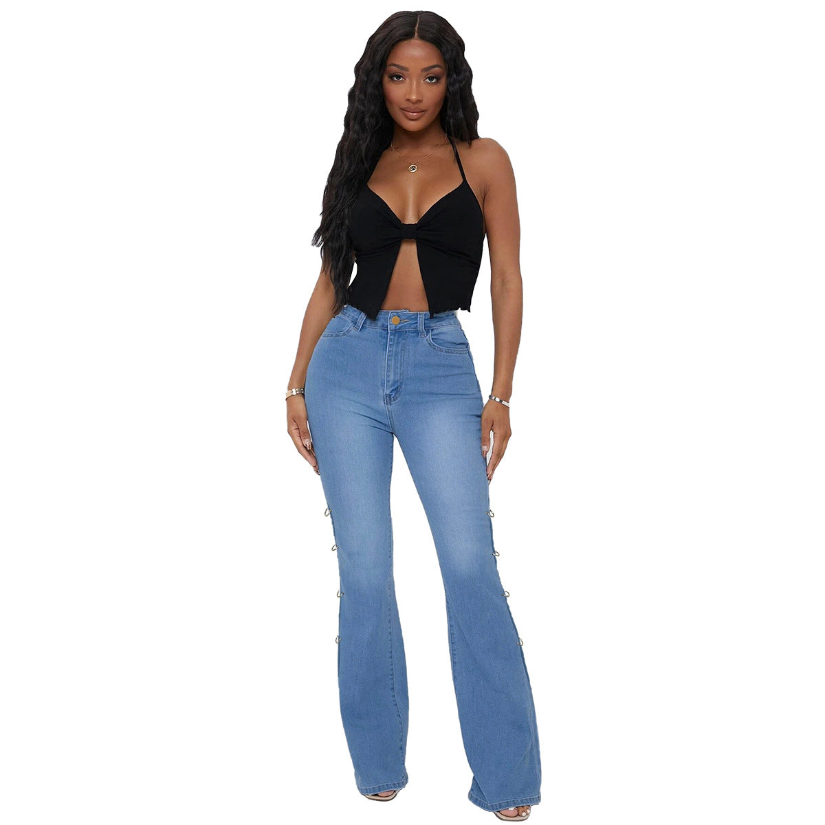 Women's High Waist Vintage Stretch Metal Embellished Denim Flared Pants