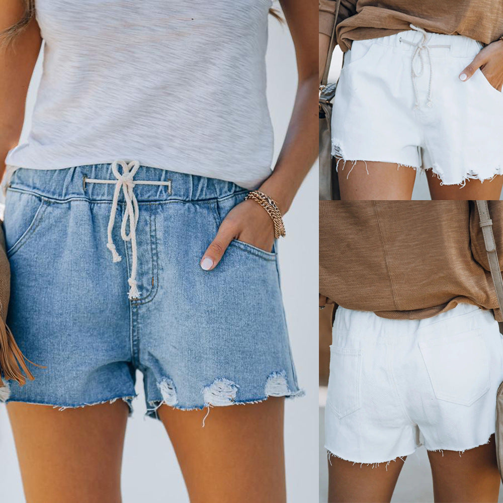 Women Distressed Elastic Waist Summer Comfy Drawstring Shorts Jean