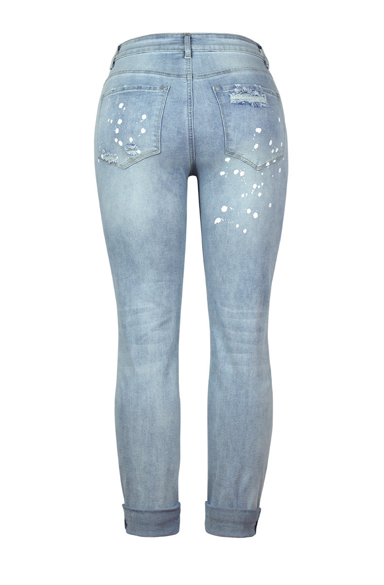 Women High Elasticity Mid-Waist Distressed Retro Ripped Straight Legs Denim Jeans