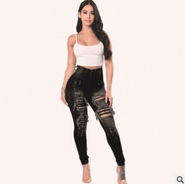 Fashion Women Distressed Stretch Denim Pants Ripped High Rise Skinny