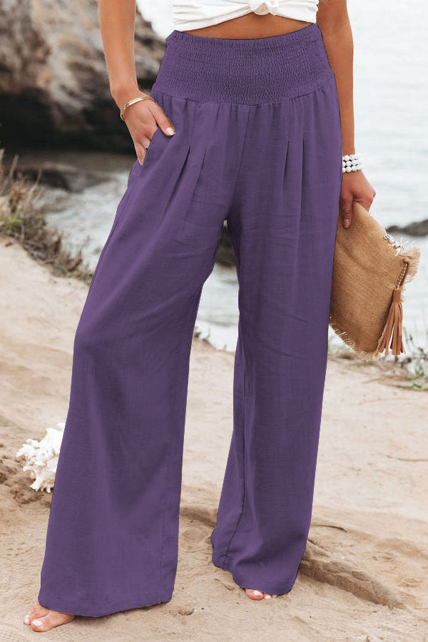 Women's casual wide-leg cotton linen burst loose trousers