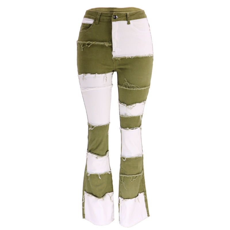 Women's denim trousers Fashion collision color patchwork high waist tight butt