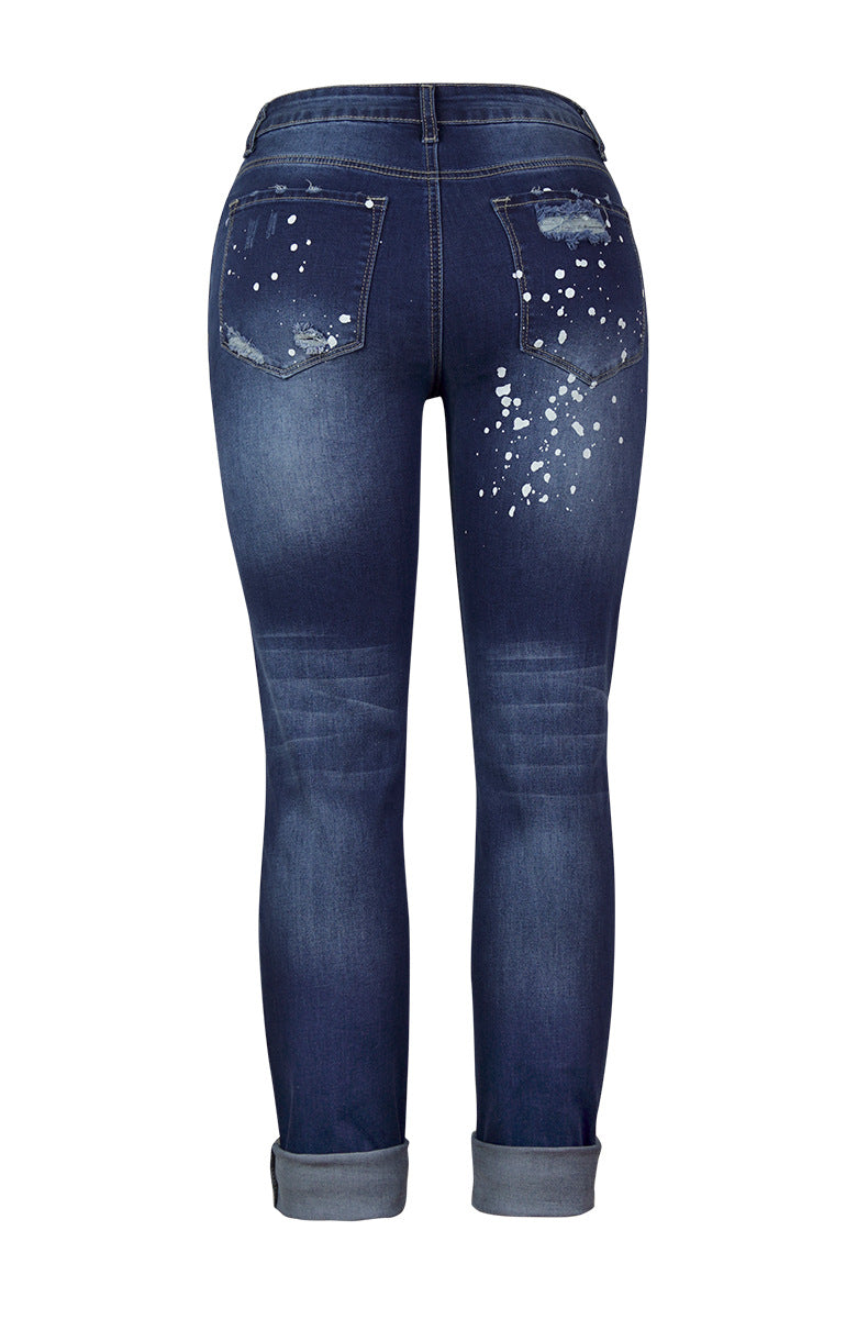 Women High Elasticity Mid-Waist Distressed Retro Ripped Straight Legs Denim Jeans