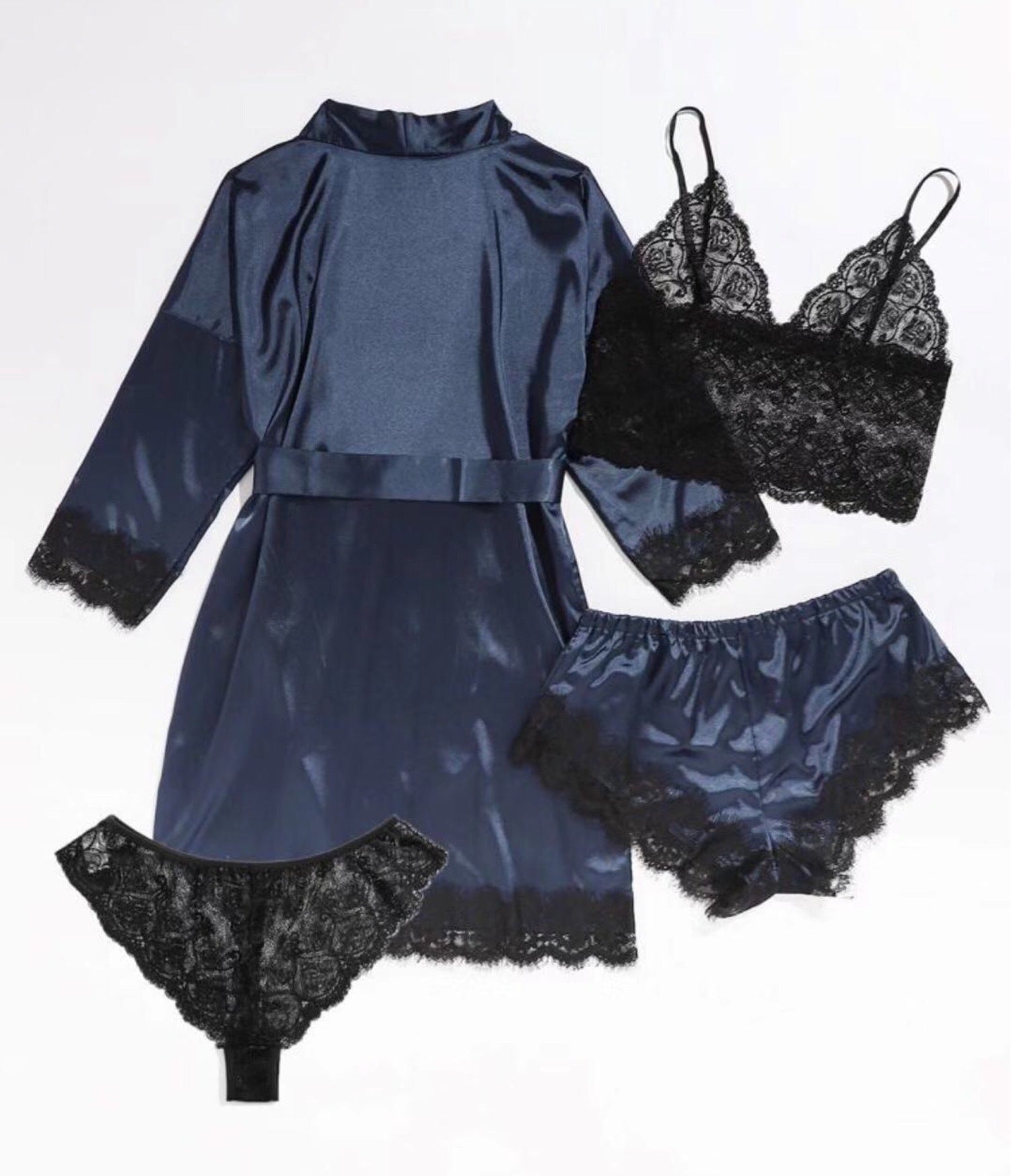 Women's Sleepwear 4pcs Floral Lace Trim Satin Cami Pajama Set with Robe