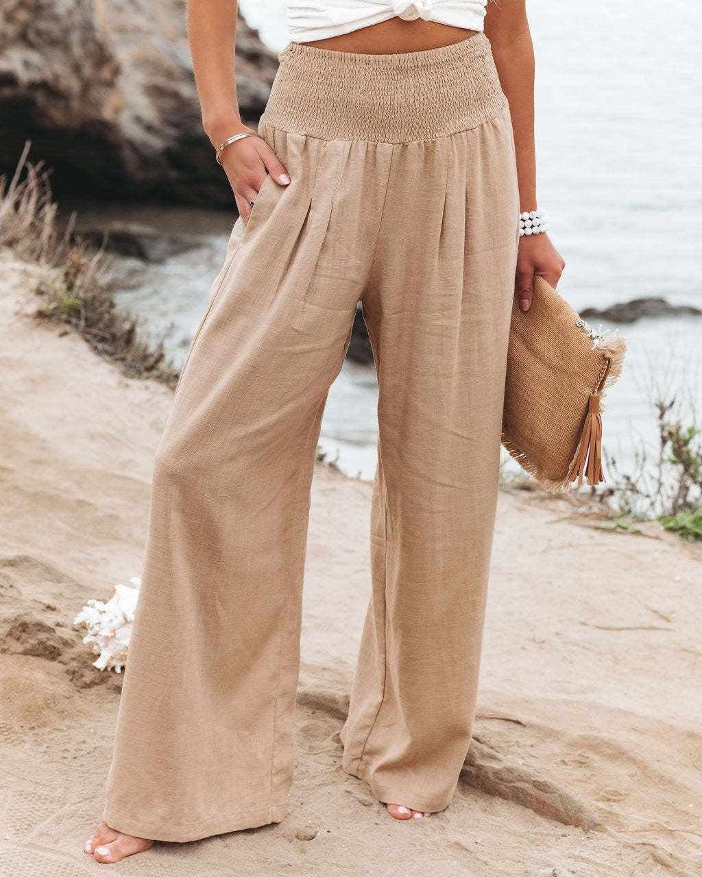 Women's casual wide-leg cotton linen burst loose trousers