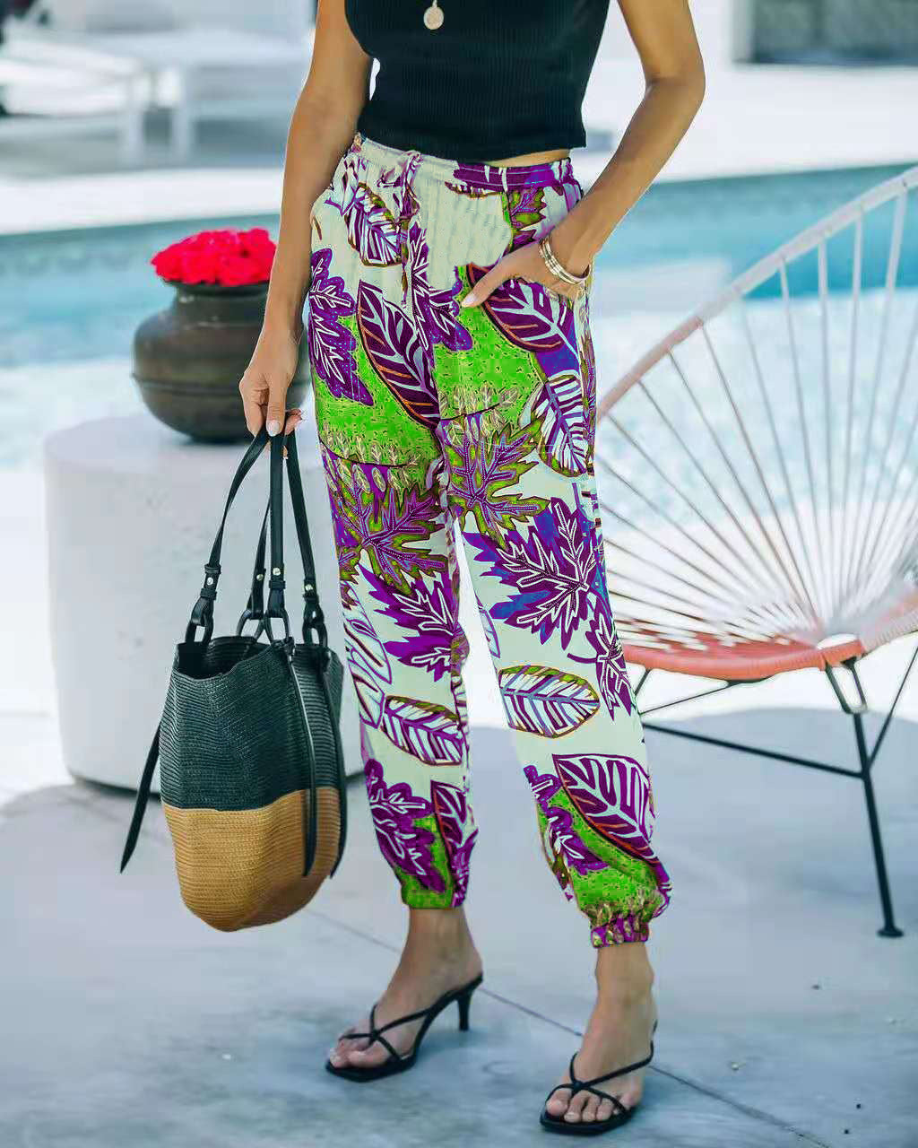 2021 New Women Retro Pocket Multicolor Printed Loose Trousers
