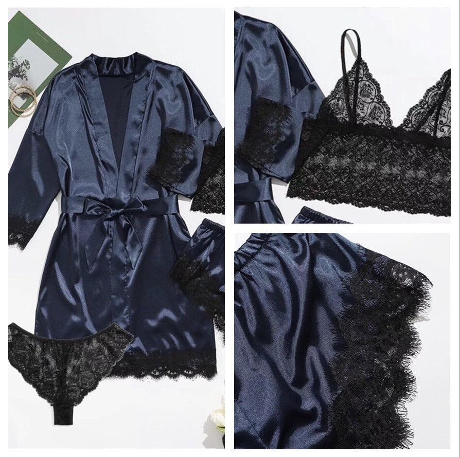 Women's Sleepwear 4pcs Floral Lace Trim Satin Cami Pajama Set with Robe