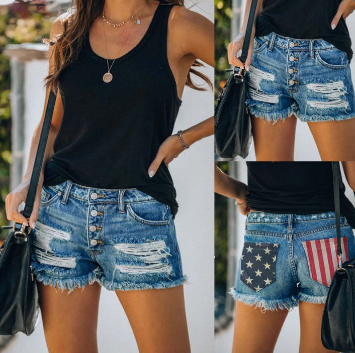 Women USA Flag Casual Summer Mid Waist Stretchy Ripped Denim Jean Shorts