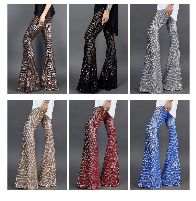 Women High Waist Wide Leg Palazzo Lounge Pants Sequin Bell Bottoms Trousers
