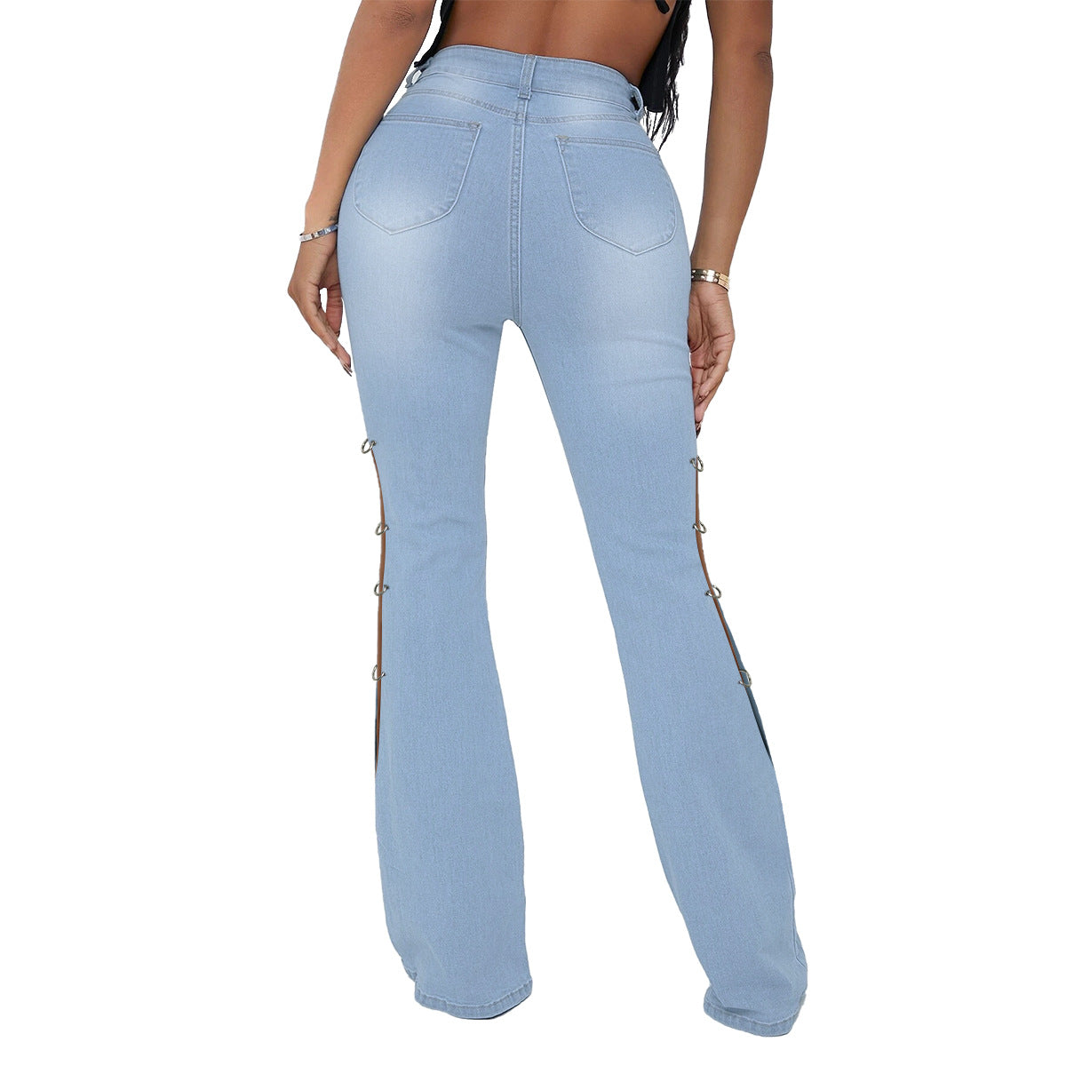 Women's High Waist Vintage Stretch Metal Embellished Denim Flared Pants