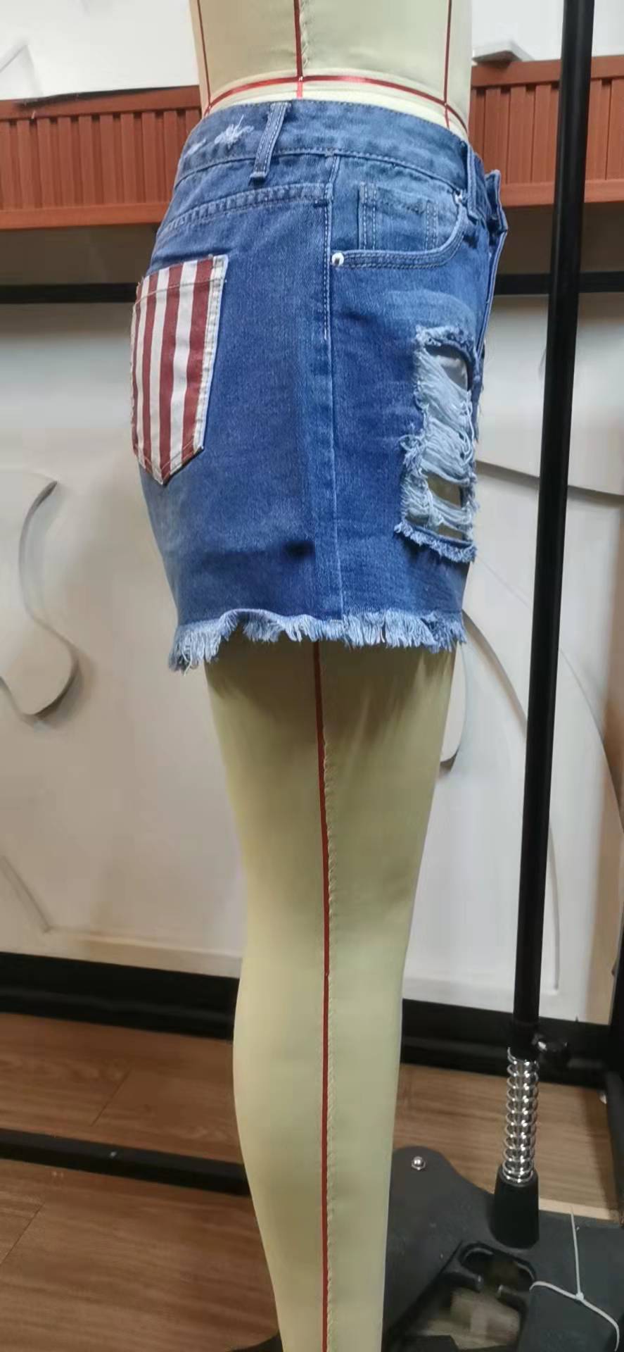 Women USA Flag Casual Summer Mid Waist Stretchy Ripped Denim Jean Shorts