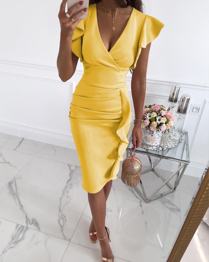 Woman Slim fit sexy V-neck ruffled skirt in lotus leaf