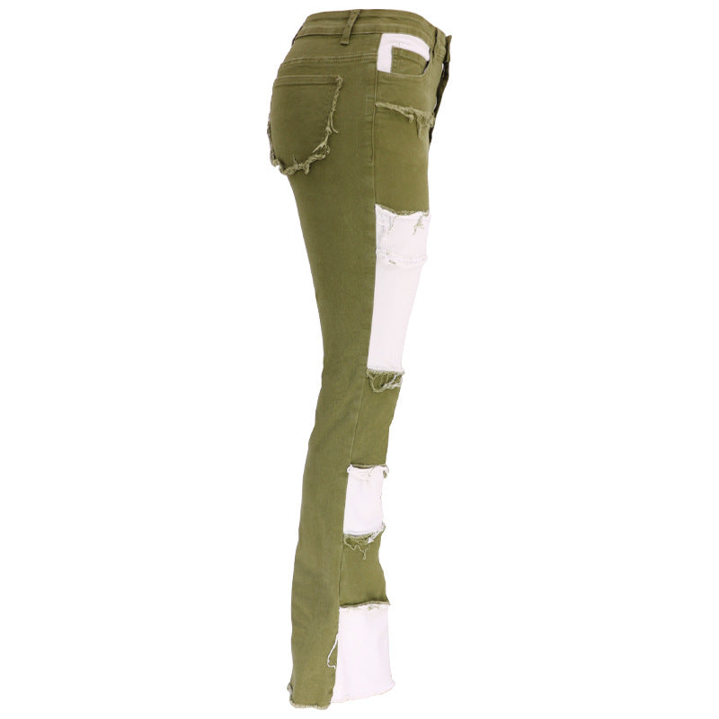 Women's denim trousers Fashion collision color patchwork high waist tight butt