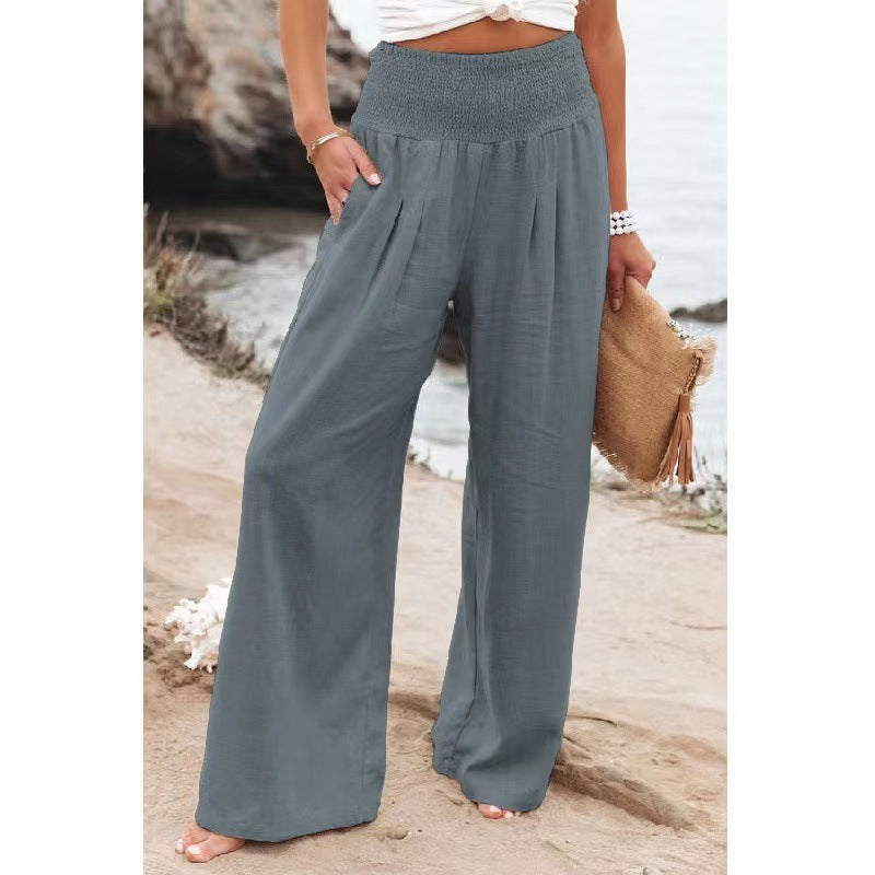 Women's casual wide-leg cotton linen burst loose trousers