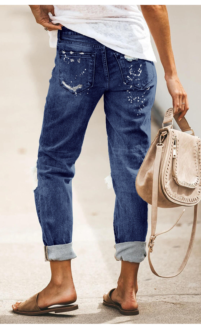 Women High Elasticity Mid-Waist Distressed Retro Ripped Straight Legs Denim Jeans