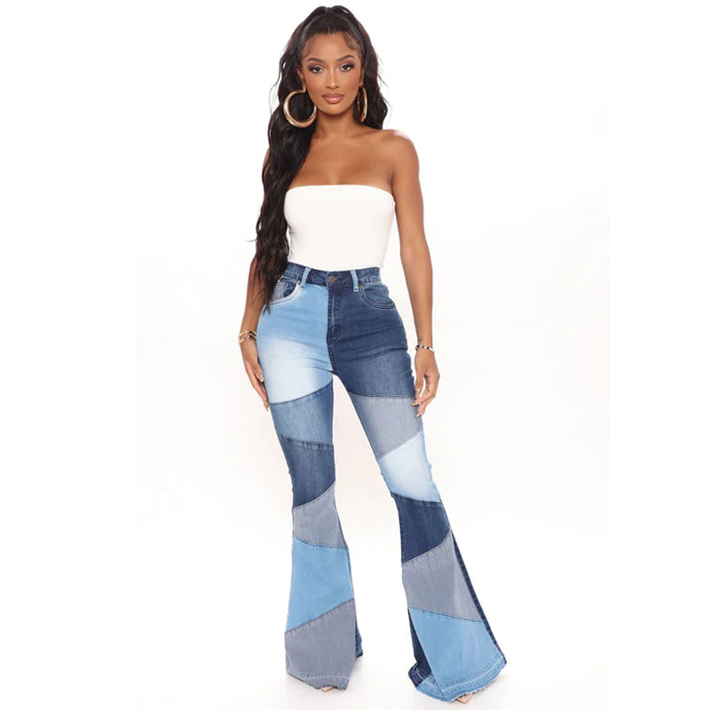 Women's denim trousers Fashion collision color patchwork high waist tight butt