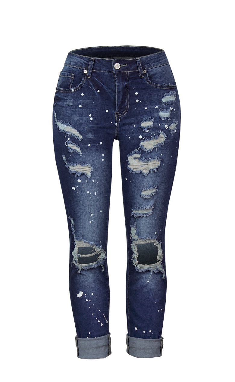 Women High Elasticity Mid-Waist Distressed Retro Ripped Straight Legs Denim Jeans