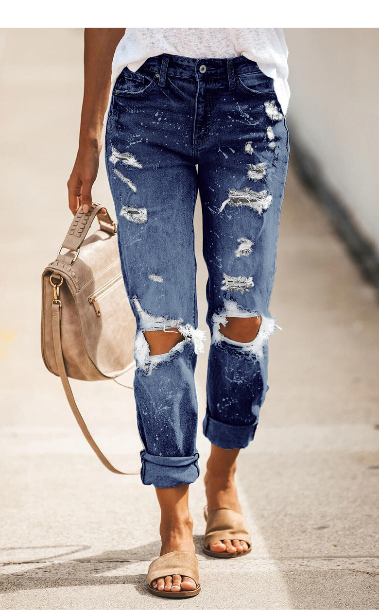 Women High Elasticity Mid-Waist Distressed Retro Ripped Straight Legs Denim Jeans