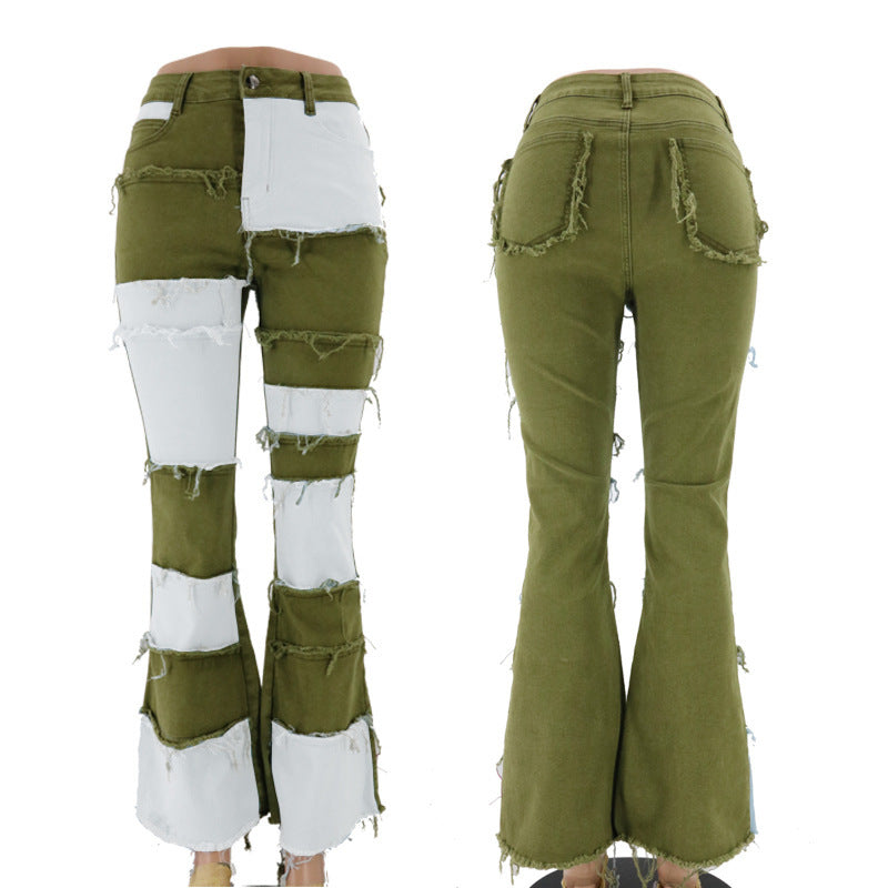 Women's denim trousers Fashion collision color patchwork high waist tight butt