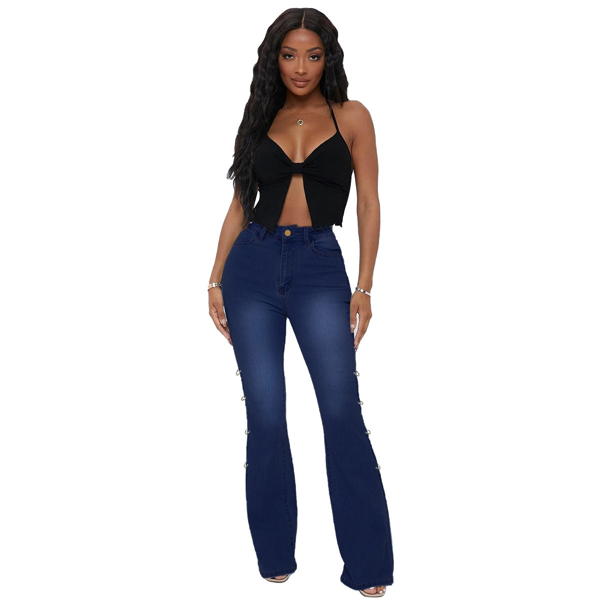 Women's High Waist Vintage Stretch Metal Embellished Denim Flared Pants