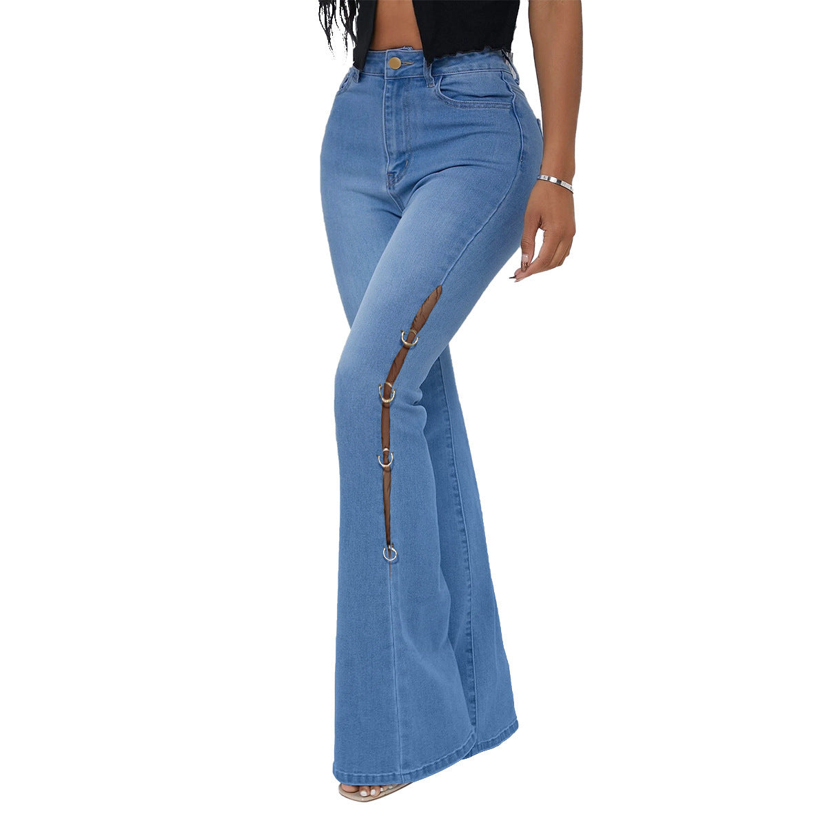 Women's High Waist Vintage Stretch Metal Embellished Denim Flared Pants