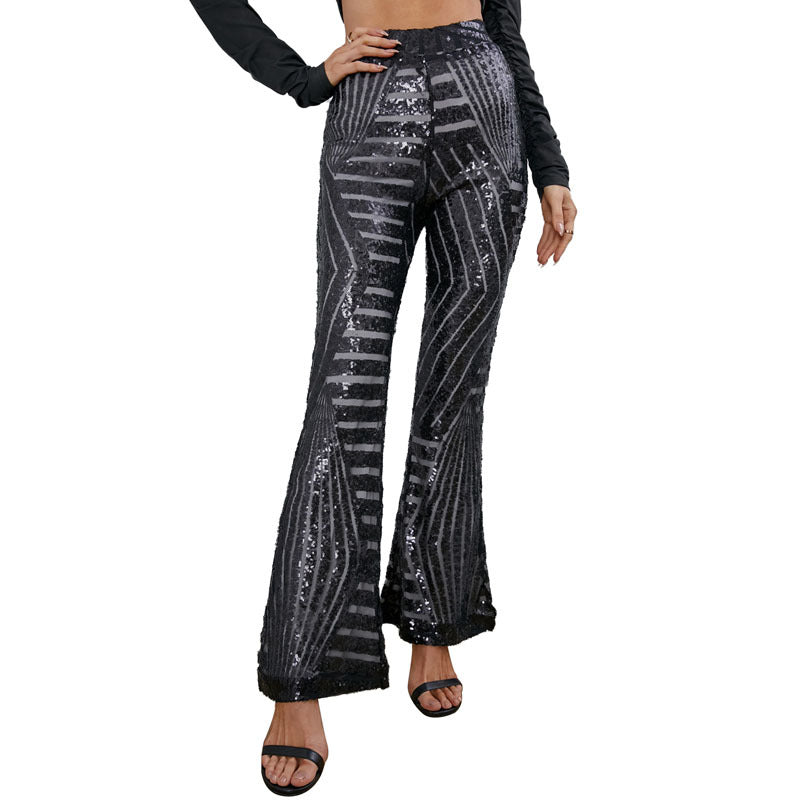 Women High Waist Wide Leg Palazzo Lounge Pants Sequin Bell Bottoms Trousers