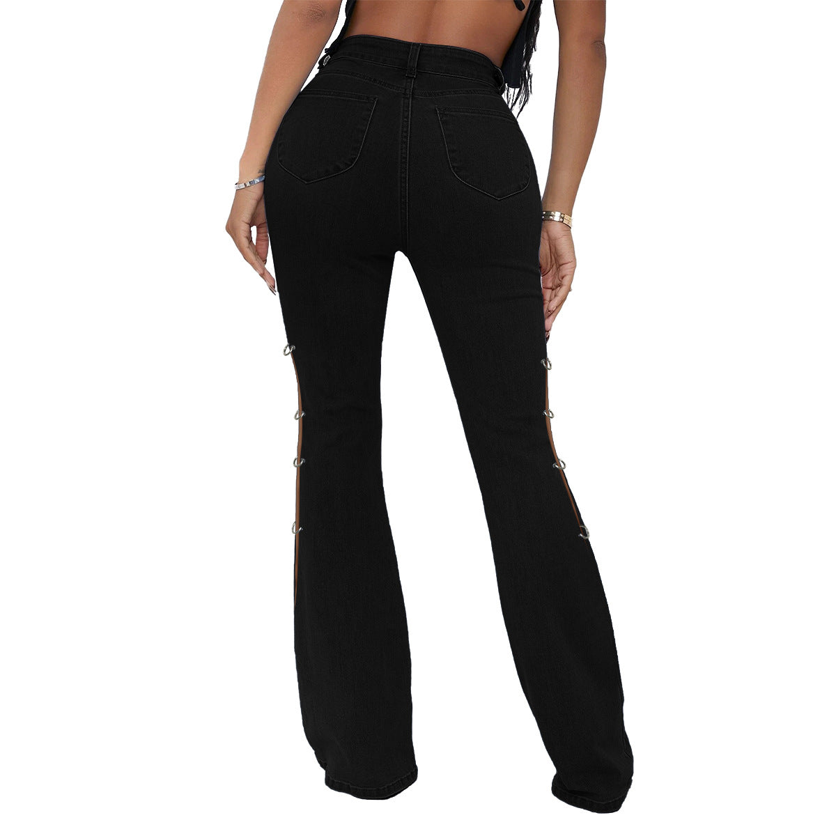 Women's High Waist Vintage Stretch Metal Embellished Denim Flared Pants