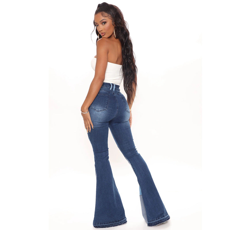 Women's denim trousers Fashion collision color patchwork high waist tight butt