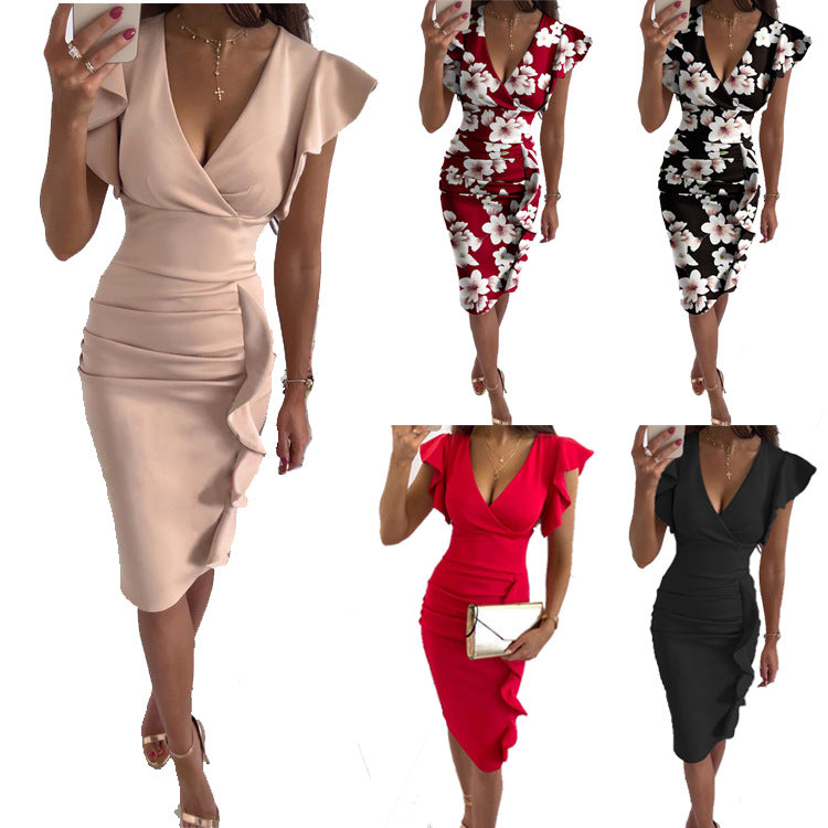 Woman Slim fit sexy V-neck ruffled skirt in lotus leaf