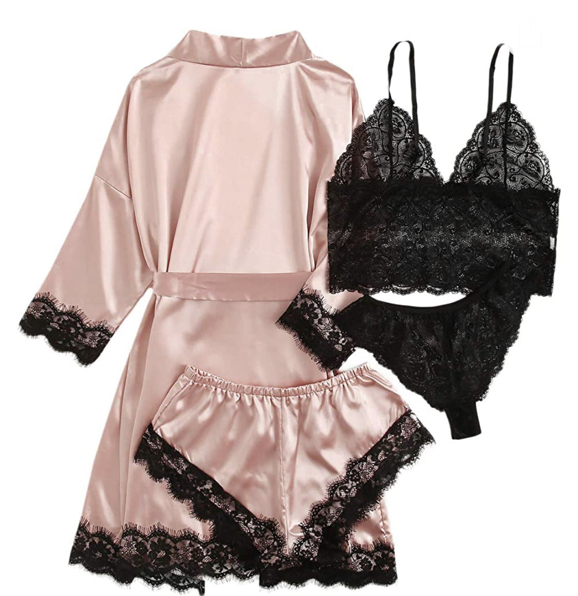 Women's Sleepwear 4pcs Floral Lace Trim Satin Cami Pajama Set with Robe