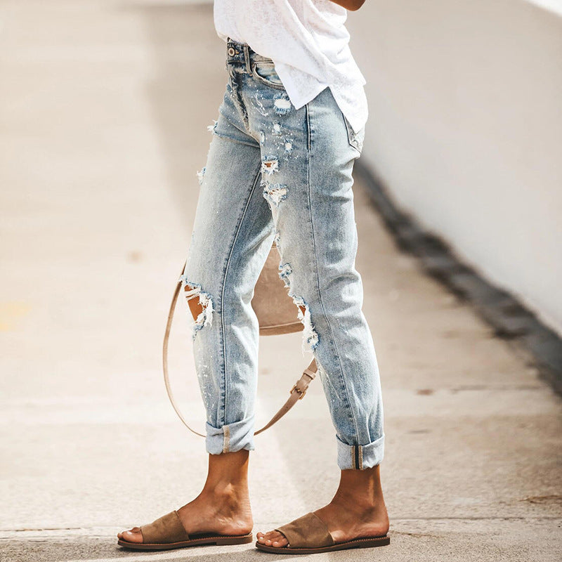 Women High Elasticity Mid-Waist Distressed Retro Ripped Straight Legs Denim Jeans