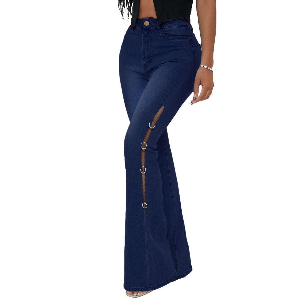Women's High Waist Vintage Stretch Metal Embellished Denim Flared Pants