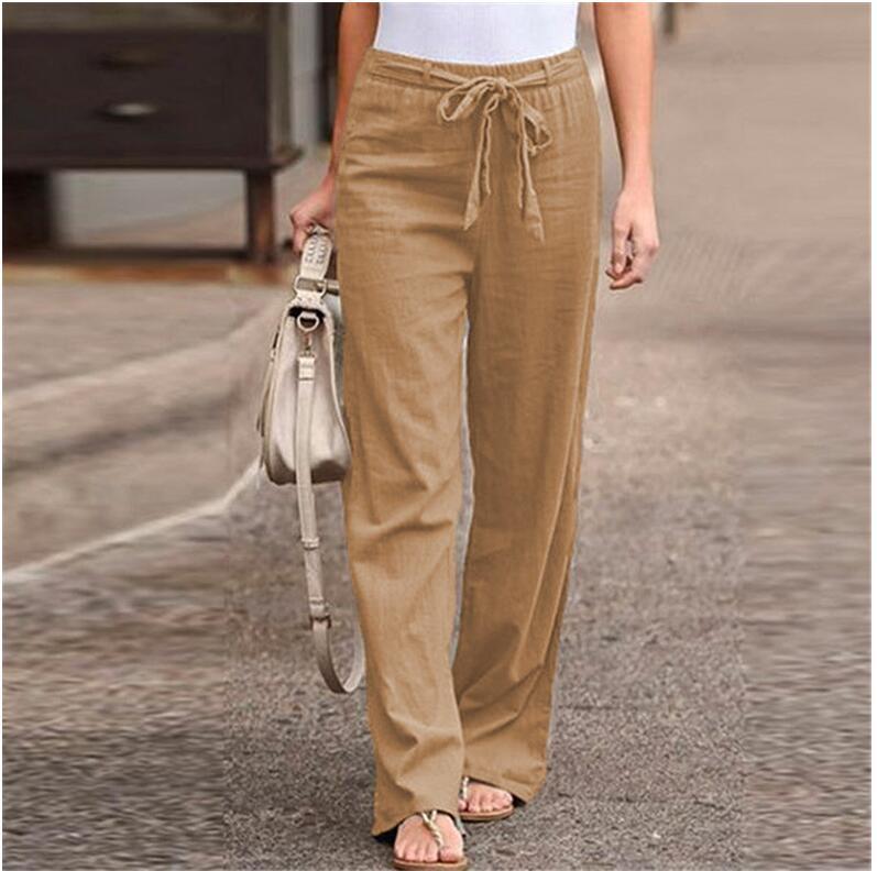 Women's Loose Elastic Waist Solid Color Cotton Linen Wide Leg Pants