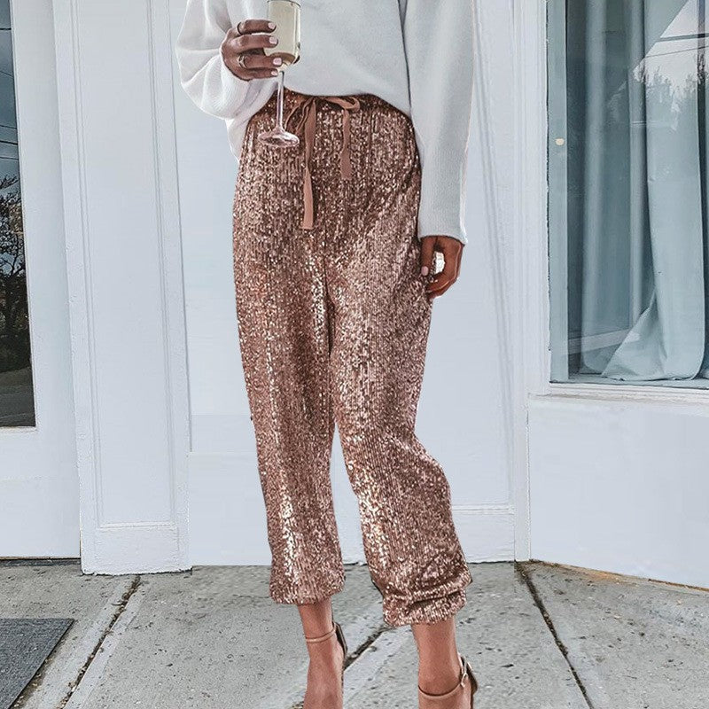 Womens Black Sequin Bling Legging Joggers Pencil Pants with Drawstring