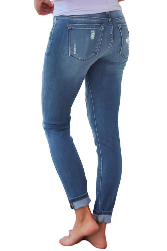 Fashion Women Distressed Stretch Denim Pants Ripped High Rise Skinny